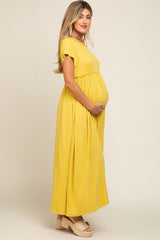 Yellow Short Sleeve Pocketed Maternity Maxi Dress