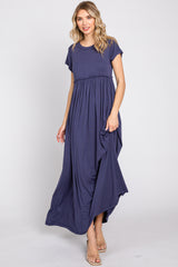 Navy Short Sleeve Pocketed Maternity Maxi Dress