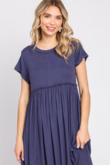 Navy Short Sleeve Pocketed Maxi Dress