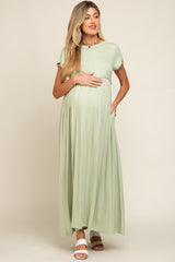 Light Olive Short Sleeve Pocketed Maternity Maxi Dress