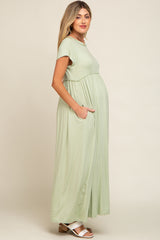 Light Olive Short Sleeve Pocketed Maternity Maxi Dress