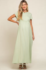 Light Olive Short Sleeve Pocketed Maternity Maxi Dress