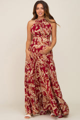 Burgundy Palm Open Back Halter Tiered Maternity Maxi Dress