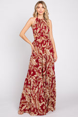 Burgundy Palm Open Back Halter Tiered Maternity Maxi Dress