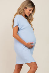 Light Blue Ribbed Front Pocket Dolman Short Sleeve Maternity Dress