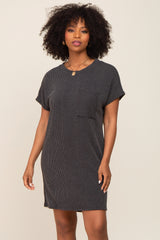 Charcoal Ribbed Front Pocket Dolman Short Sleeve Maternity Dress