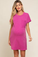 Magenta Ribbed Front Pocket Dolman Short Sleeve Maternity Dress