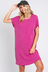 Magenta Ribbed Front Pocket Dolman Short Sleeve Maternity Dress