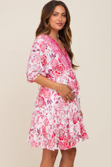 Magenta Floral Border Print Maternity Dress