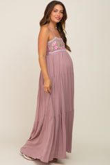 Mauve Floral Embroidery Maternity Maxi Dress