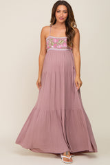 Mauve Floral Embroidery Maternity Maxi Dress