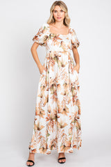 Cream Floral Satin Puff Sleeve Maxi Dress