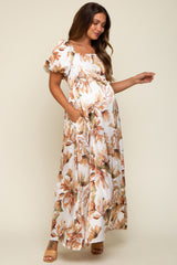 Cream Floral Satin Puff Sleeve Maternity Maxi Dress