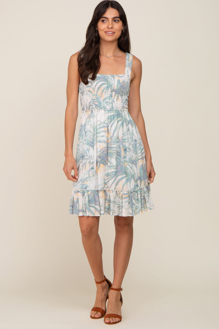 Mint Green Leaf Print Smocked Dress