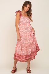 Rust Printed Square Neck Ruffle Shoulder Tiered Maternity Maxi Dress