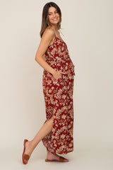 Rust Floral Waist Tie Slit Side Maternity Jumpsuit