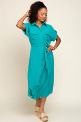 Emerald Green Button Up Front Pocket Midi Dress