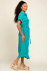 Emerald Green Button Up Front Pocket Midi Dress