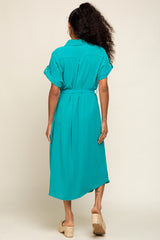 Emerald Green Button Up Front Pocket Midi Dress
