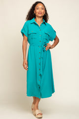 Emerald Green Button Up Front Pocket Midi Dress