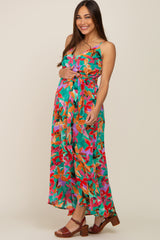 Green Floral Hi-Lo Maternity Wrap Maxi Dress