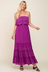 Purple Chiffon Strapless Ruffle Tiered Maternity Maxi Dress