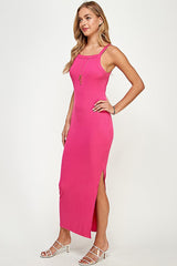 Fuchsia Ribbed Fitted Side Slit Midi Dress