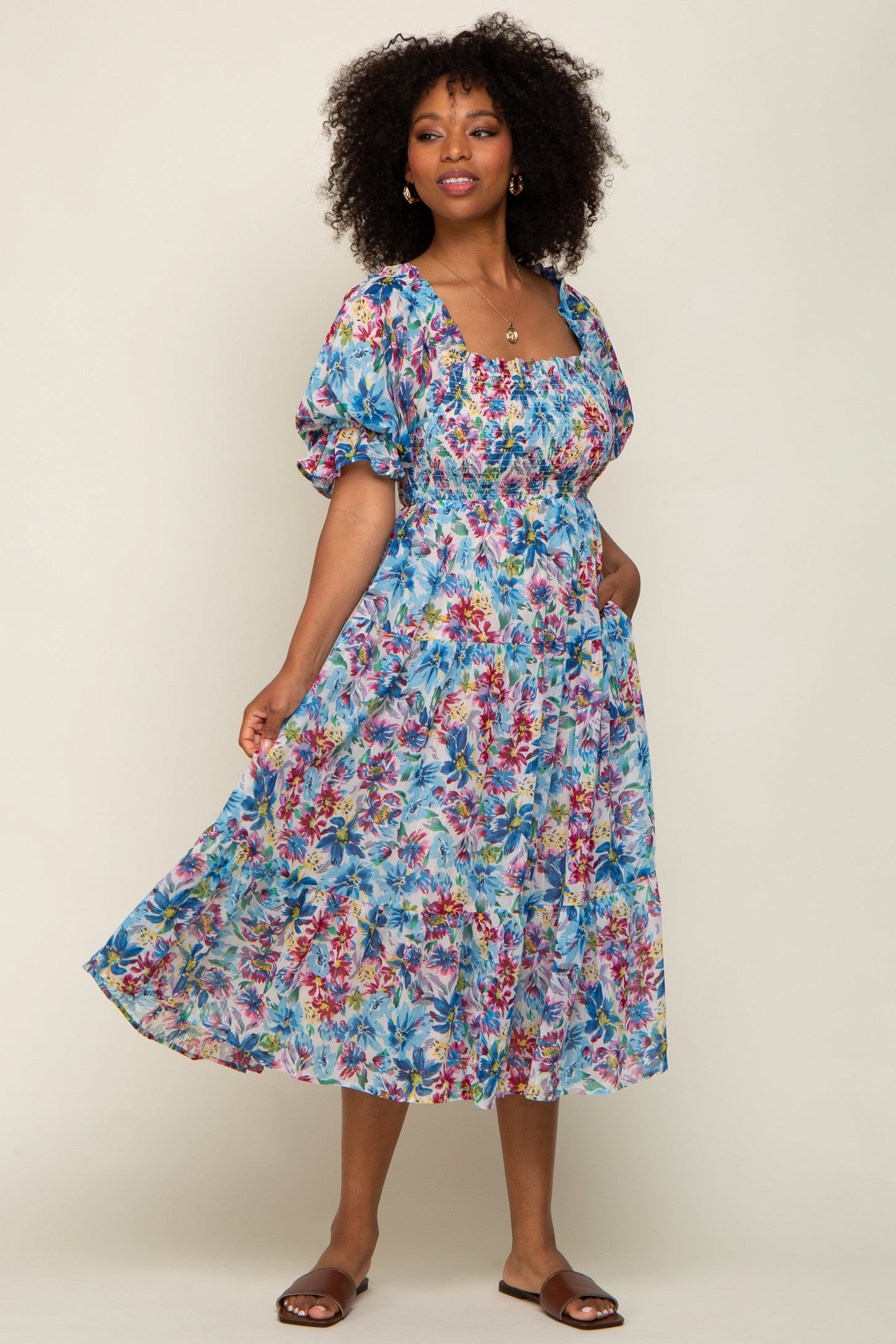 Blue Floral Shimmer Chiffon Ruffle Square Neck Smocked Midi Dress