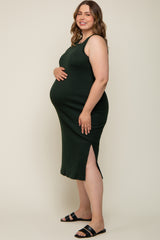 Forest Green Basic Ribbed Side Slit Maternity Plus Midi Dress