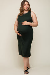 Forest Green Basic Ribbed Side Slit Maternity Plus Midi Dress