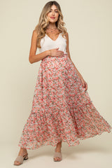 Pink Smocked Waist Tiered Maternity Maxi Skirt