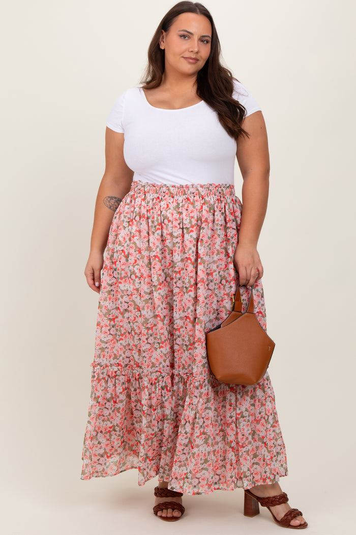 Pink Smocked Waist Tiered Maternity Plus Maxi Skirt