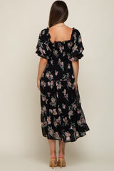 Black Floral Chiffon Ruffle Square Neck Smocked Maternity Midi Dress