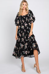 Black Floral Chiffon Ruffle Square Neck Smocked Maternity Midi Dress