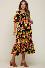 Black Floral Puff Sleeve Maternity Midi Dress