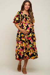 Black Floral Puff Sleeve Maternity Midi Dress