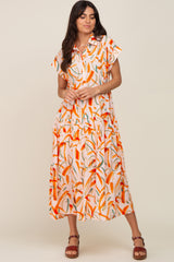 Peach Printed Button Down Collared Tiered Midi Dress