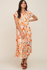 Peach Printed Button Down Collared Tiered Midi Dress