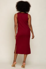 Burgundy Basic Ribbed Side Slit Midi Dress