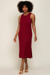 Burgundy Basic Ribbed Side Slit Midi Dress