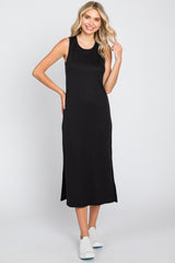 Black Basic Ribbed Side Slit Midi Dress