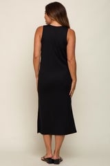 Black Basic Ribbed Side Slit Maternity Midi Dress