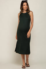 Forest Green Basic Ribbed Side Slit Maternity Midi Dress