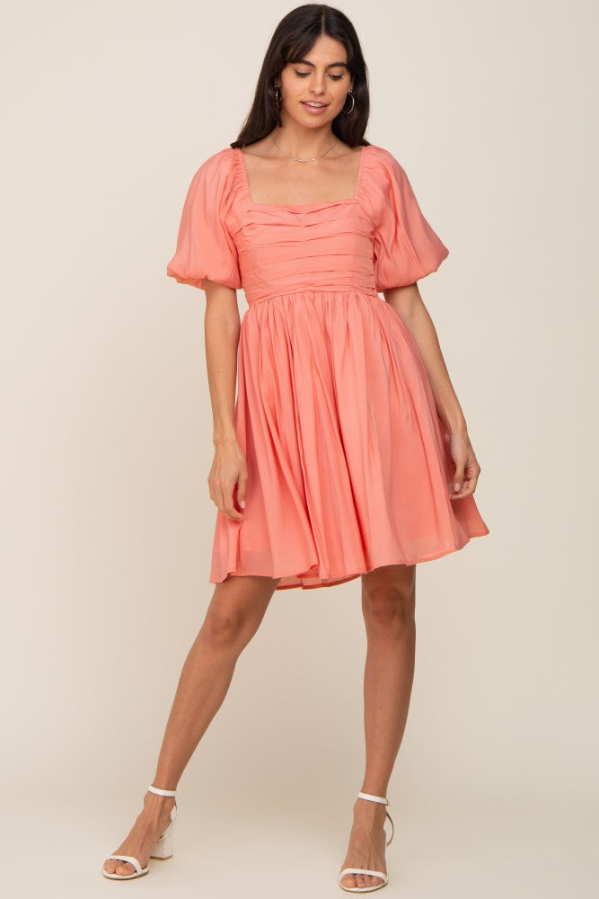 Salmon Square Neck Puff Short Sleeve Dress