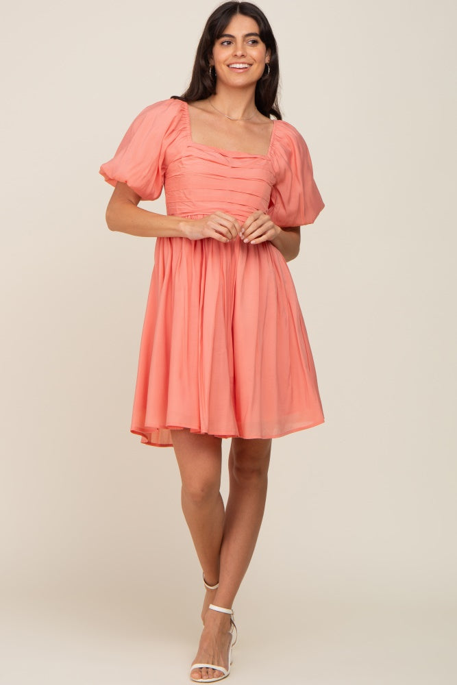 Salmon Square Neck Puff Short Sleeve Dress
