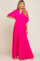 Fuchsia Chiffon V-Neck Smocked Waist Maternity Maxi Dress