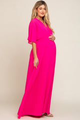 Fuchsia Chiffon V-Neck Smocked Waist Maternity Maxi Dress