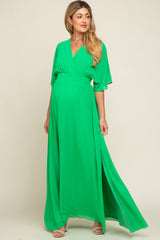 Green Chiffon V-Neck Smocked Waist Maternity Maxi Dress