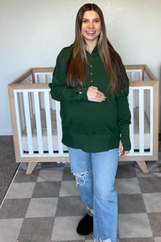 Forest Green Button Front Ribbed Trim Maternity Hooded Sweatshirt