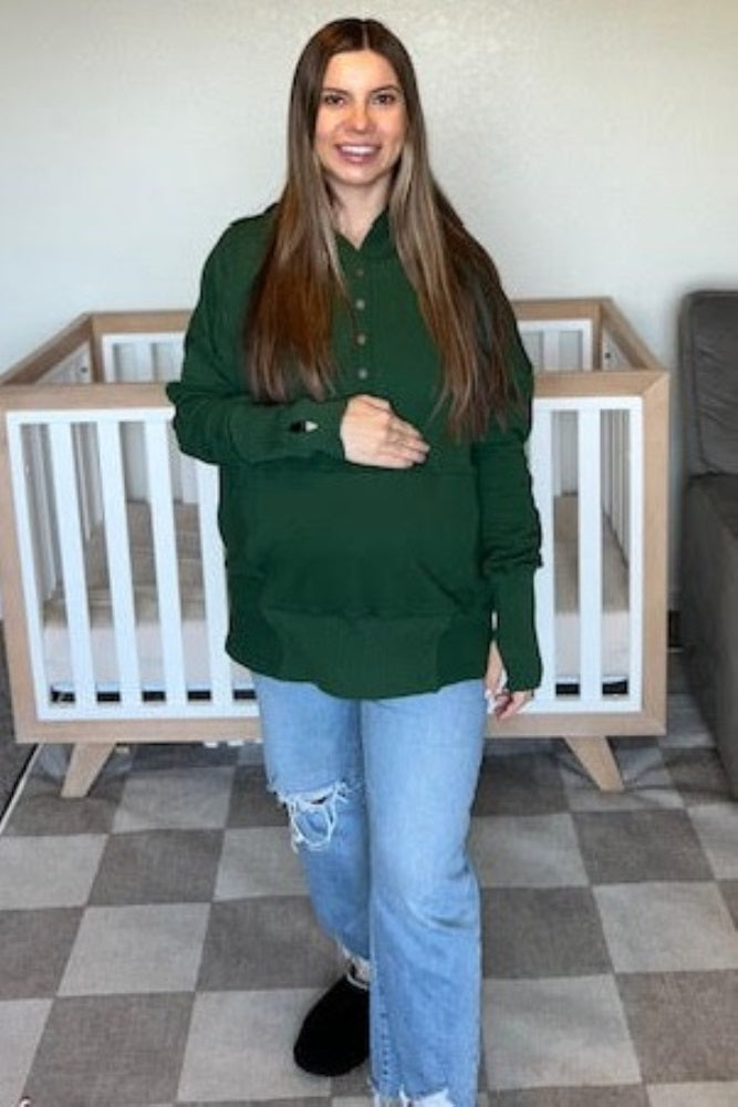 Forest Green Button Front Ribbed Trim Maternity Hooded Sweatshirt